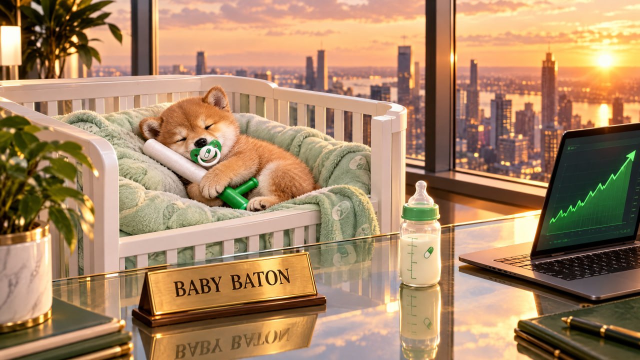 Baby Baton asleep in his nursery holding the baton