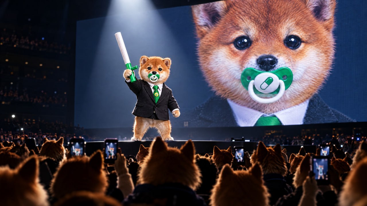 Baby Baton holding up the baton onstage in front of a cheering crowd