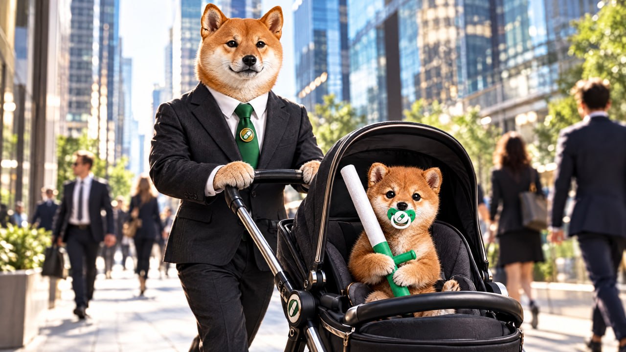 Baton proudly pushing Baby Baton through the city in a stroller